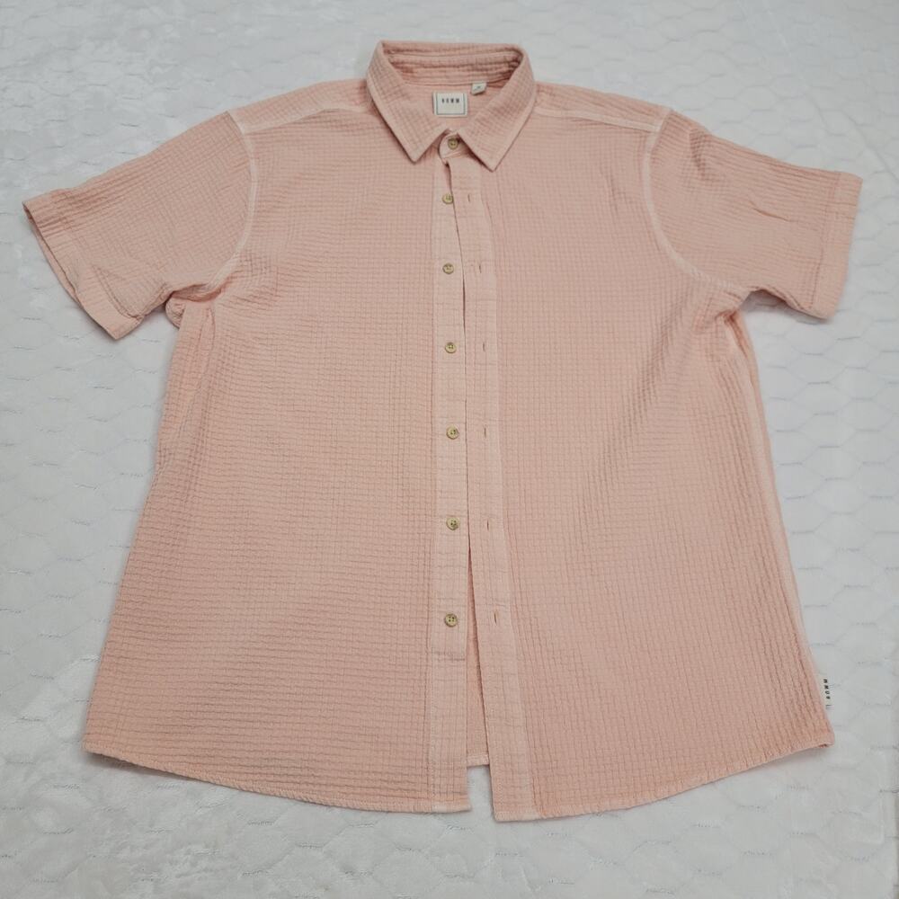 ROWM Mens XL Shirt Short Sleeve 100% Cotton Gauze Salmon Pink Button Down Top
